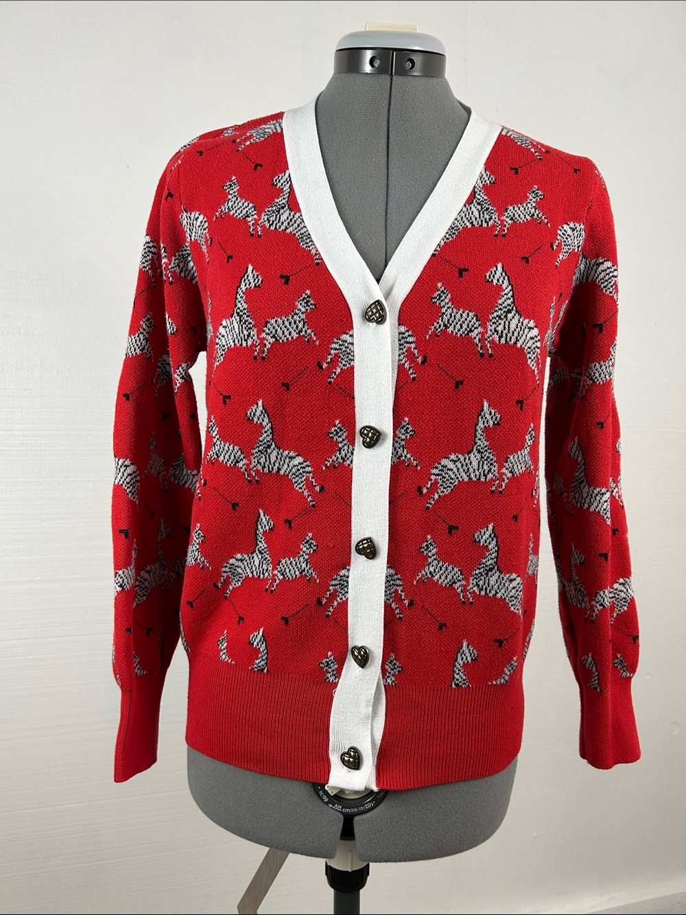 Zebra Red Cardigan with Heart Buttons